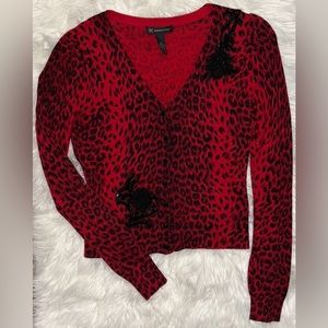 INC Animal Print Red & Black Beaded Cardigan
